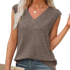 Brown V Neck Sleeveless Sweater